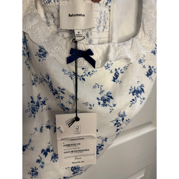 Reformation Alice Linen Blue Floral Puff Sleeve Top NWT Size S crop blouse - Picture 6 of 8